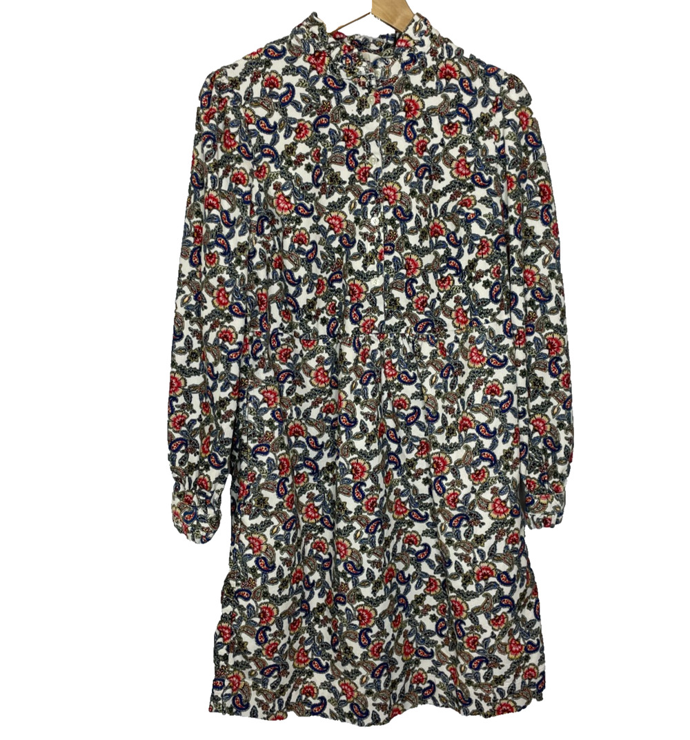 Women's Boden 8 L Ruffle Neck Corduroy Dress Floral Paisley Pocket Long Sleeve